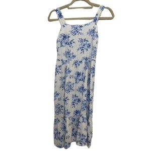 MONTEAU LOS ANGELES Blue & Cream White Smocked Midi Dress Size M.